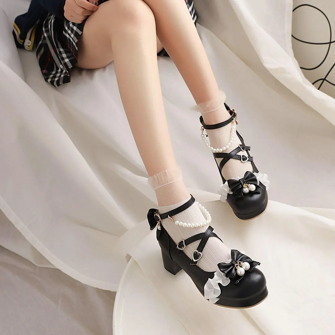 Women's Lolita Mary Jane Heels with Bow, Kawaii Chunky Block Ankle Strap Cosplay Shoes, Cute Dress Platform Mary Jane Pumps