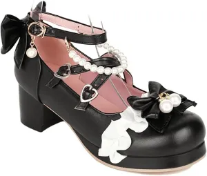 Women's Lolita Mary Jane Heels with Bow, Kawaii Chunky Block Ankle Strap Cosplay Shoes, Cute Dress Platform Mary Jane Pumps