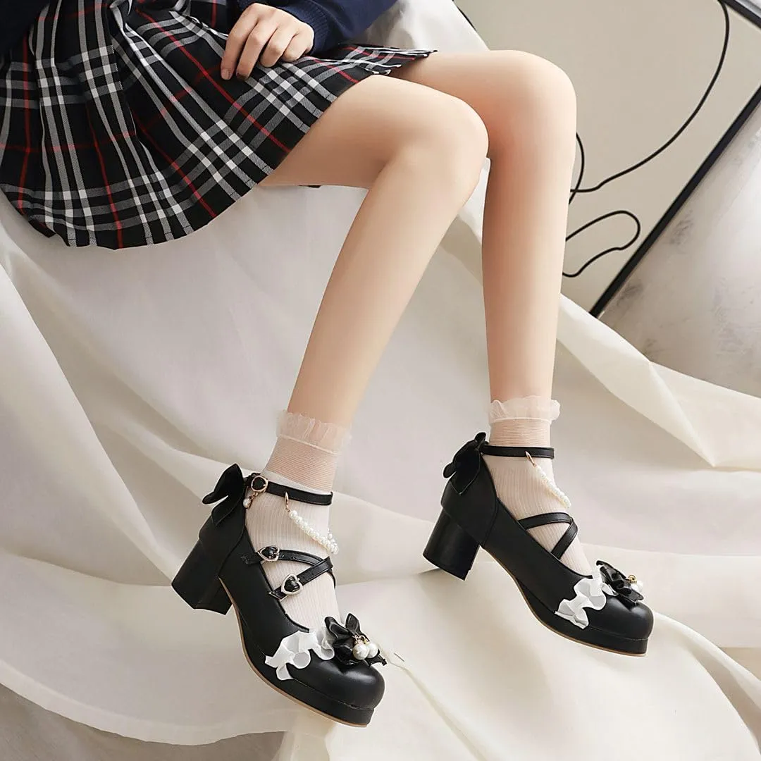 Women's Lolita Mary Jane Heels with Bow, Kawaii Chunky Block Ankle Strap Cosplay Shoes, Cute Dress Platform Mary Jane Pumps