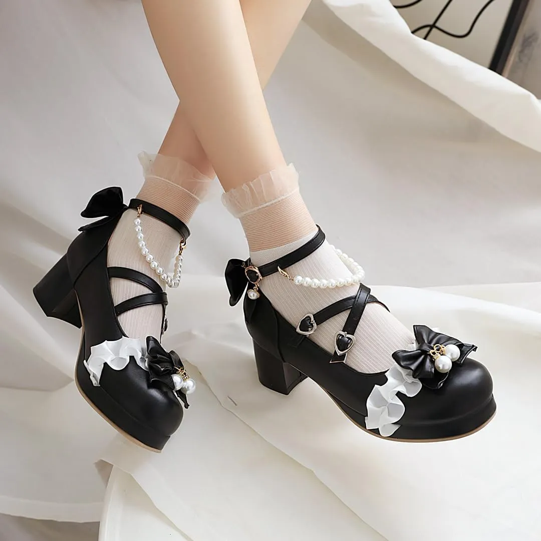Women's Lolita Mary Jane Heels with Bow, Kawaii Chunky Block Ankle Strap Cosplay Shoes, Cute Dress Platform Mary Jane Pumps