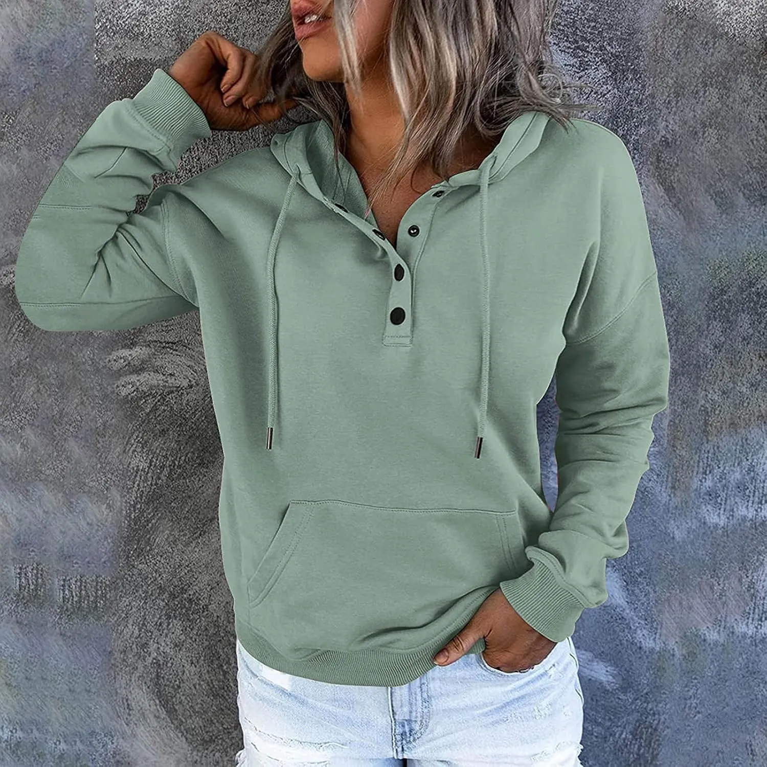 Womens Long Sleeve Button Up Sweatshirt Trendy Solid Color Warm Drawstring Hoodies Going Out Y2K Athletic Casual Top