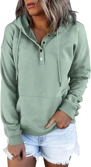 Womens Long Sleeve Button Up Sweatshirt Trendy Solid Color Warm Drawstring Hoodies Going Out Y2K Athletic Casual Top