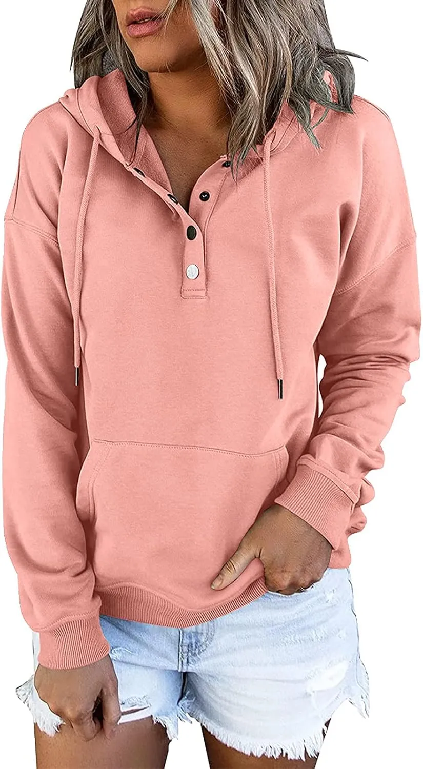Womens Long Sleeve Button Up Sweatshirt Trendy Solid Color Warm Drawstring Hoodies Going Out Y2K Athletic Casual Top