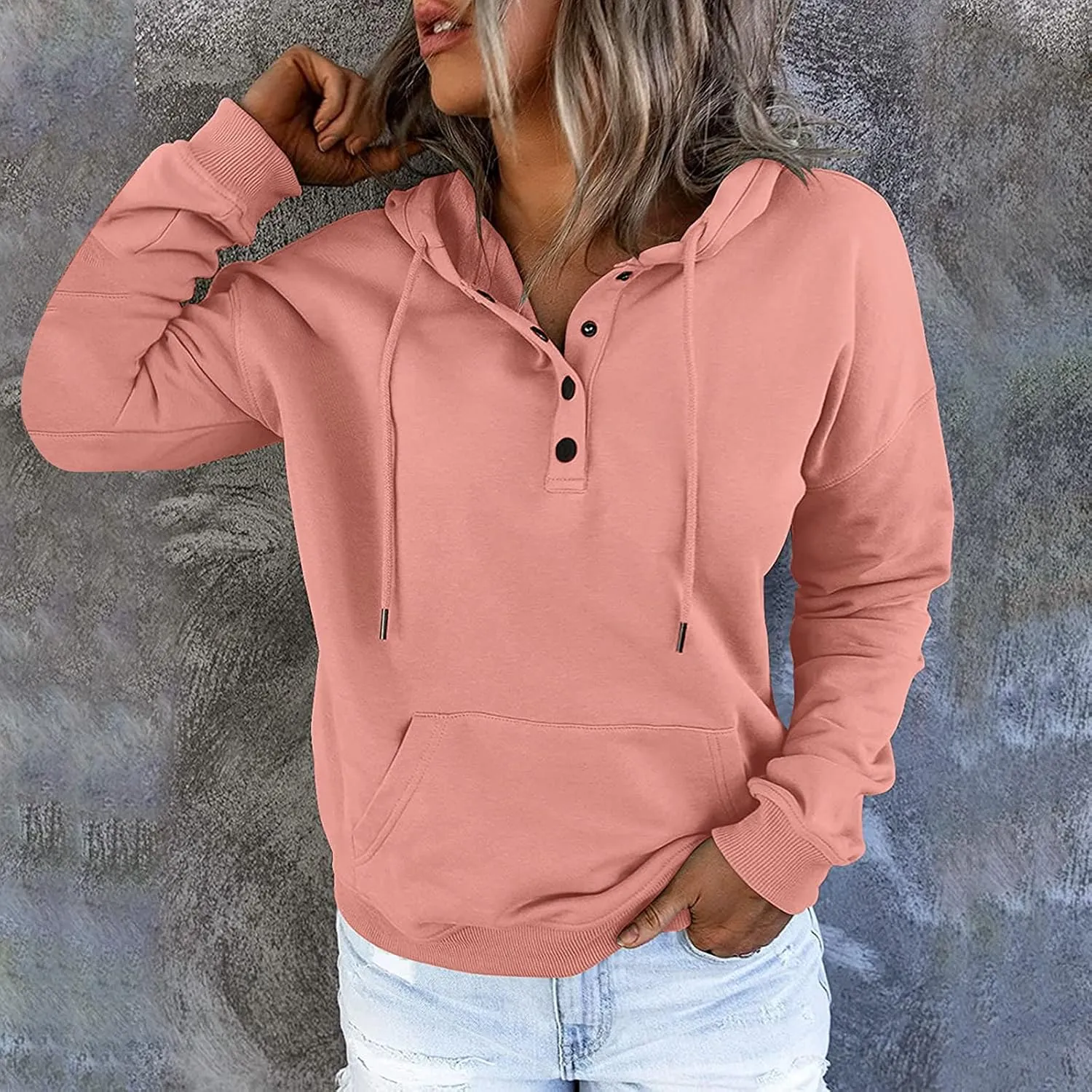 Womens Long Sleeve Button Up Sweatshirt Trendy Solid Color Warm Drawstring Hoodies Going Out Y2K Athletic Casual Top
