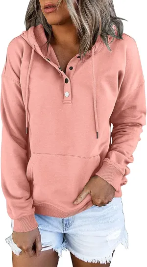 Womens Long Sleeve Button Up Sweatshirt Trendy Solid Color Warm Drawstring Hoodies Going Out Y2K Athletic Casual Top