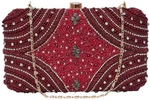 Women's Maroon Full Beaded Hand Embroidered Party, Wedding, Ethnic Box Clutch Bag Frame Purse with Shoulder Chain Strap