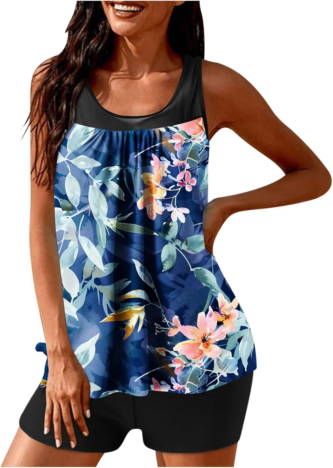 Women's Modest Swimsuits Printed 2 Piece Tankini Swimwear Blouson Swim Tank Top with Boyshorts Athletic Bathing Suit