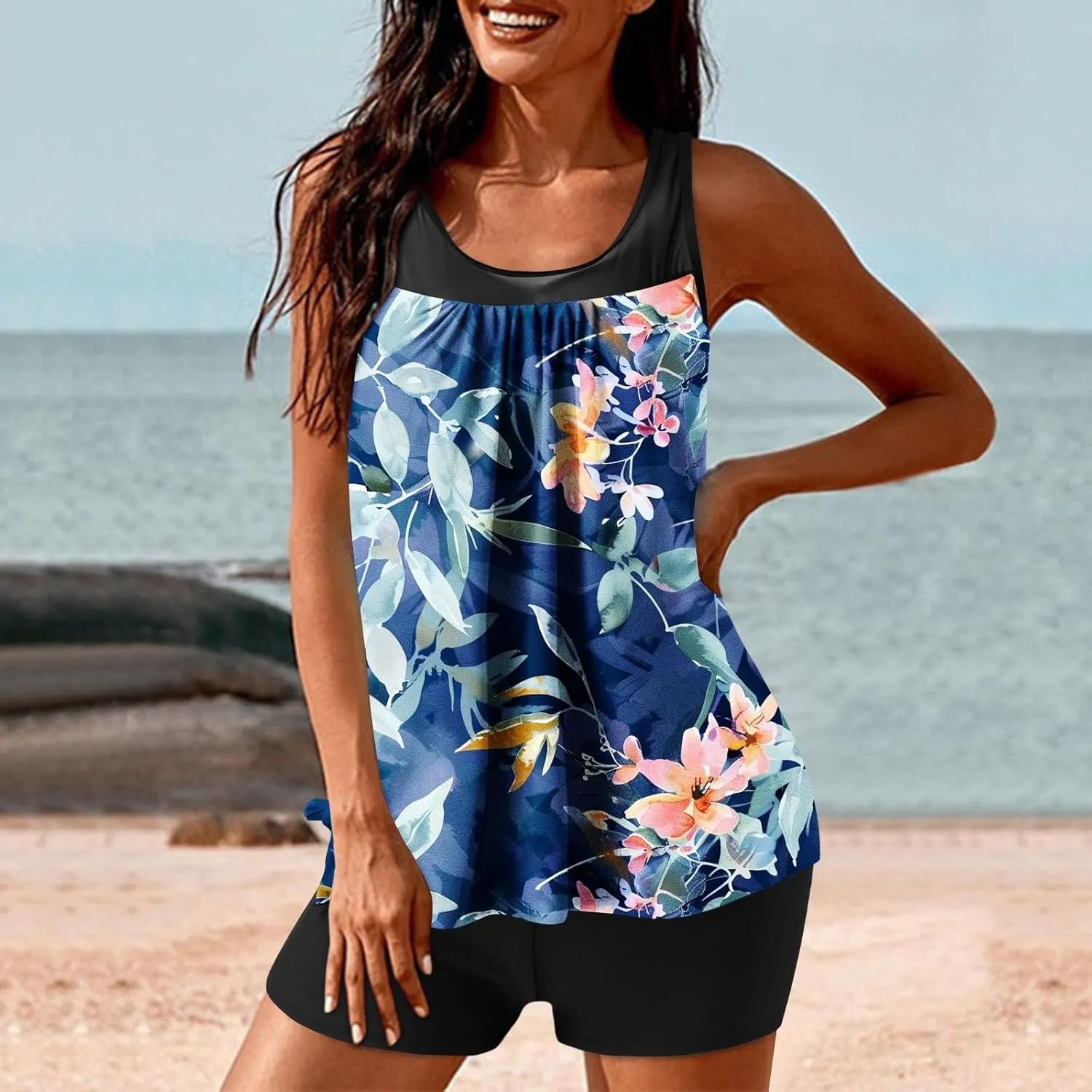 Women's Modest Swimsuits Printed 2 Piece Tankini Swimwear Blouson Swim Tank Top with Boyshorts Athletic Bathing Suit