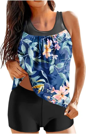 Women's Modest Swimsuits Printed 2 Piece Tankini Swimwear Blouson Swim Tank Top with Boyshorts Athletic Bathing Suit