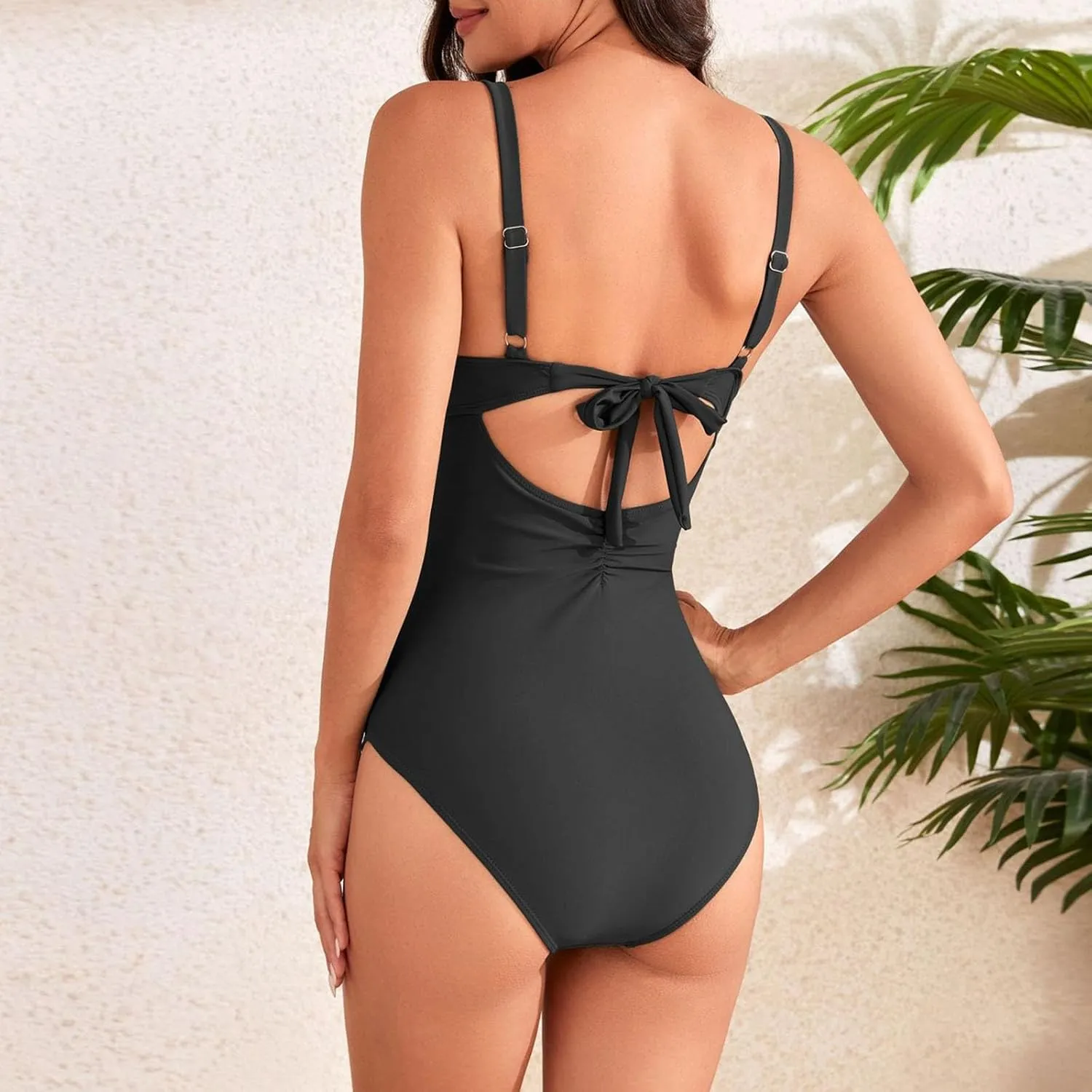 Womens One Piece Swimsuit Ruched Tummy Control High Cut Backless Fashion V Neck Bathing Suits Swimwear