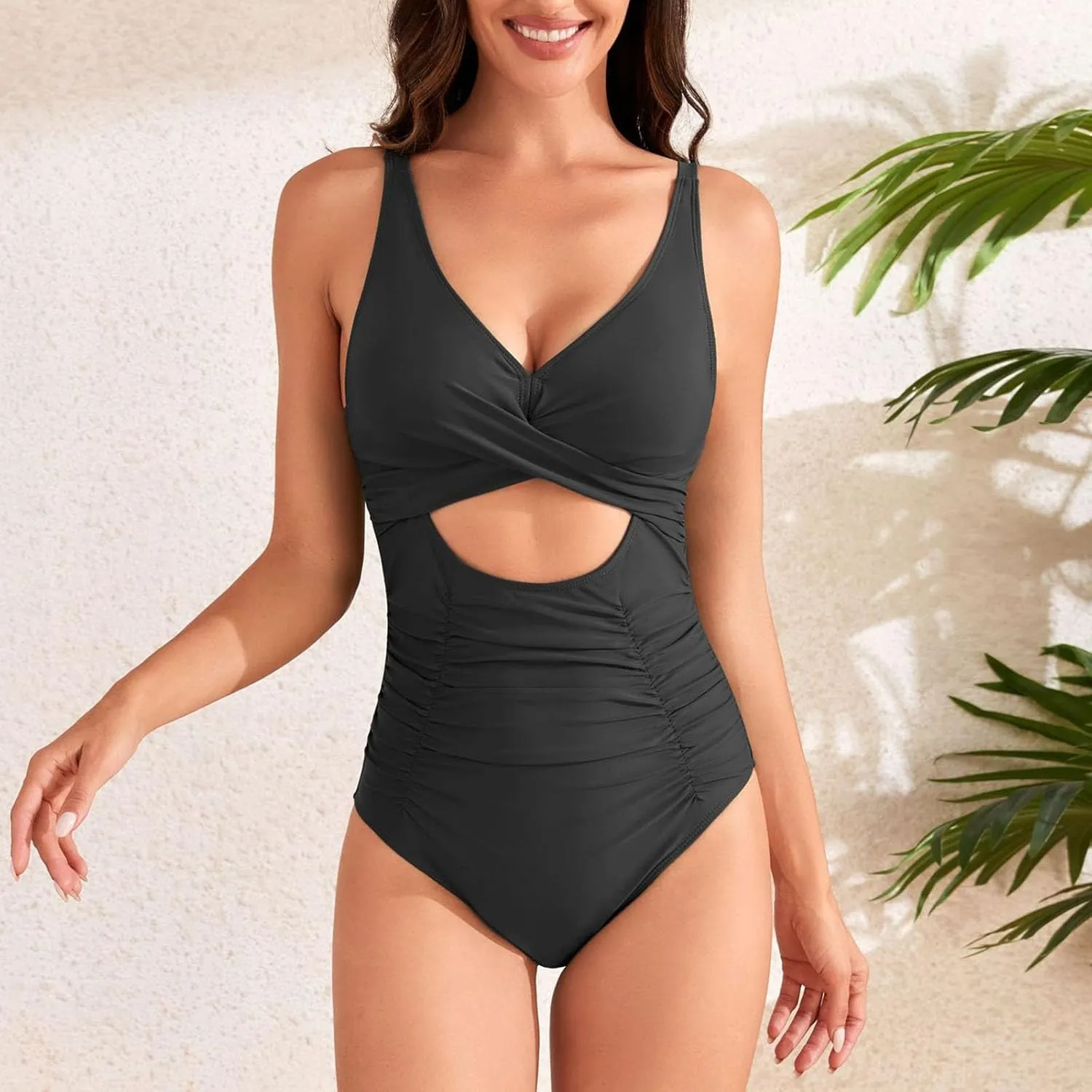 Womens One Piece Swimsuit Ruched Tummy Control High Cut Backless Fashion V Neck Bathing Suits Swimwear