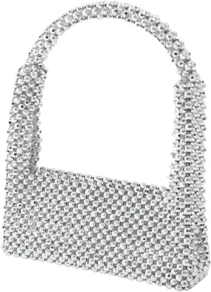 Women's Party Tote Bag Handmade Beads String Bag Electroplated Silver