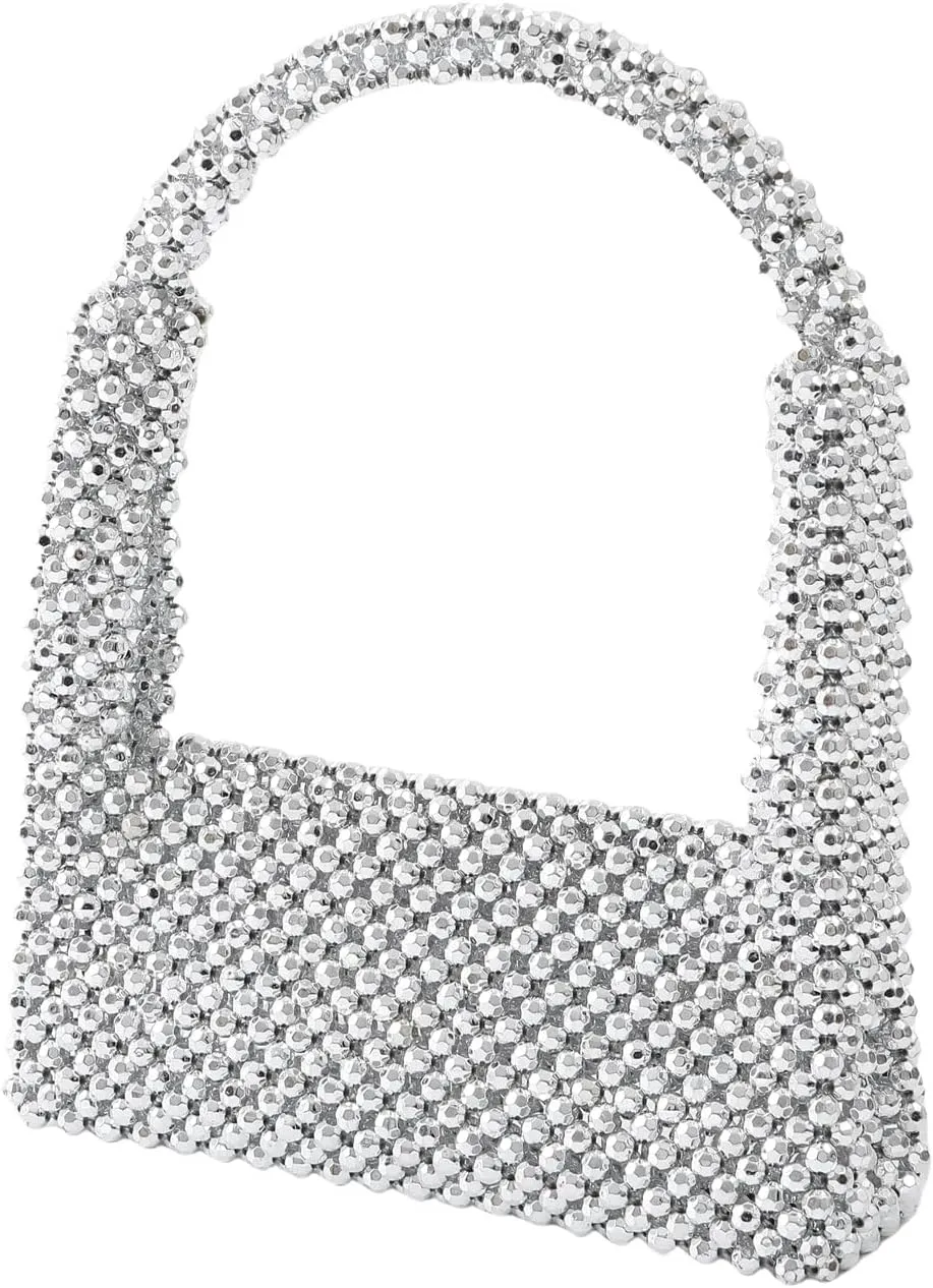 Women's Party Tote Bag Handmade Beads String Bag Electroplated Silver