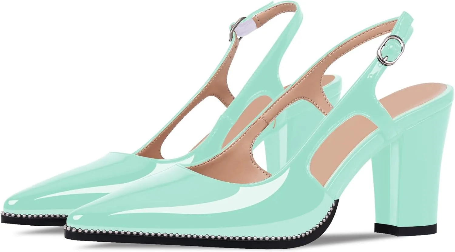 Women's Pointed Toe Block Heel Slingback Pumps Beaded Patent Leather Buckle Strap Slip On Work Party Dress Shoes