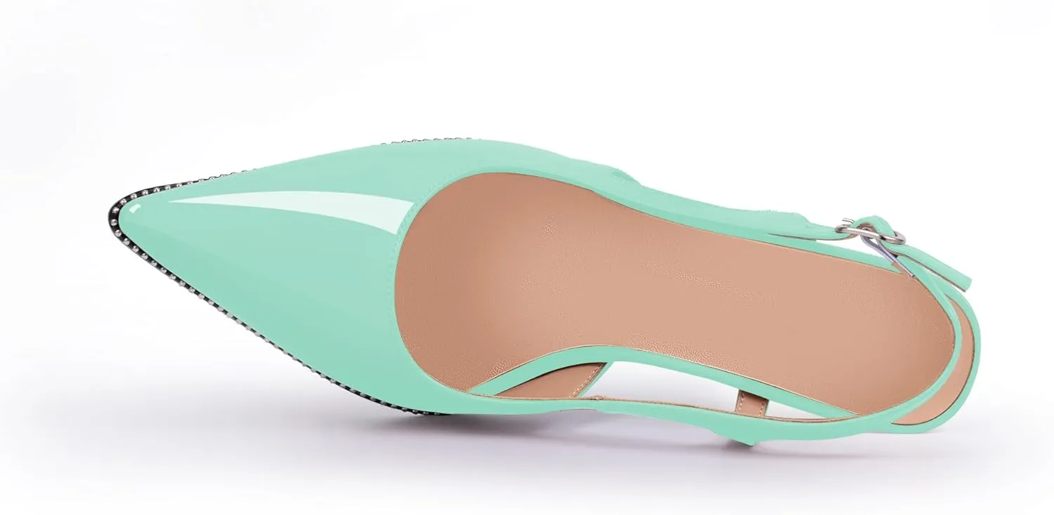 Women's Pointed Toe Block Heel Slingback Pumps Beaded Patent Leather Buckle Strap Slip On Work Party Dress Shoes