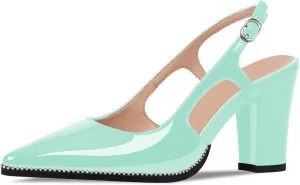 Women's Pointed Toe Block Heel Slingback Pumps Beaded Patent Leather Buckle Strap Slip On Work Party Dress Shoes