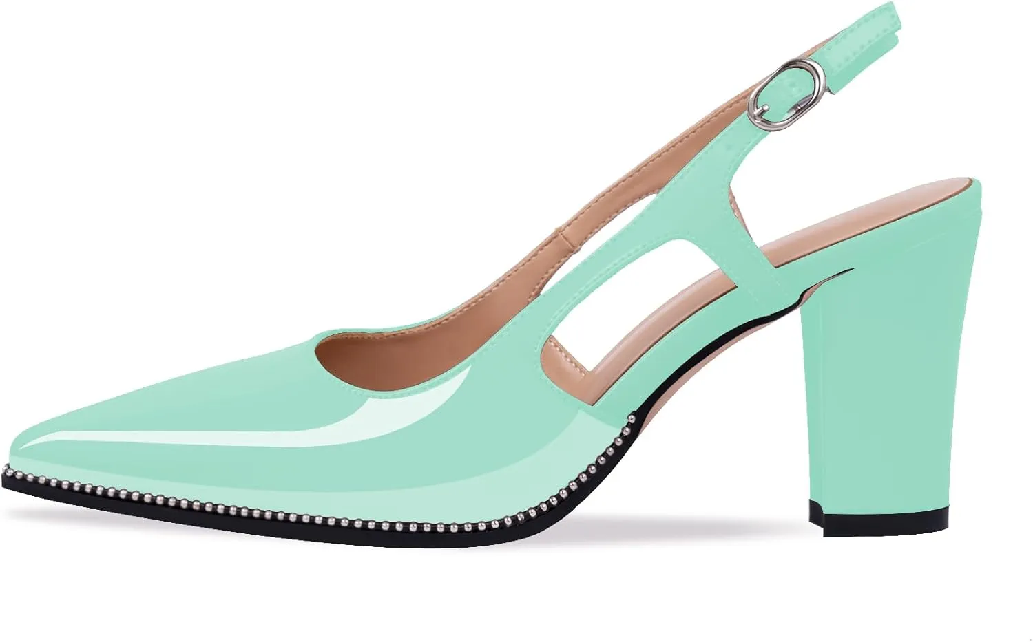 Women's Pointed Toe Block Heel Slingback Pumps Beaded Patent Leather Buckle Strap Slip On Work Party Dress Shoes