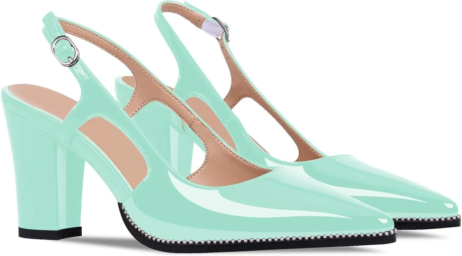 Women's Pointed Toe Block Heel Slingback Pumps Beaded Patent Leather Buckle Strap Slip On Work Party Dress Shoes