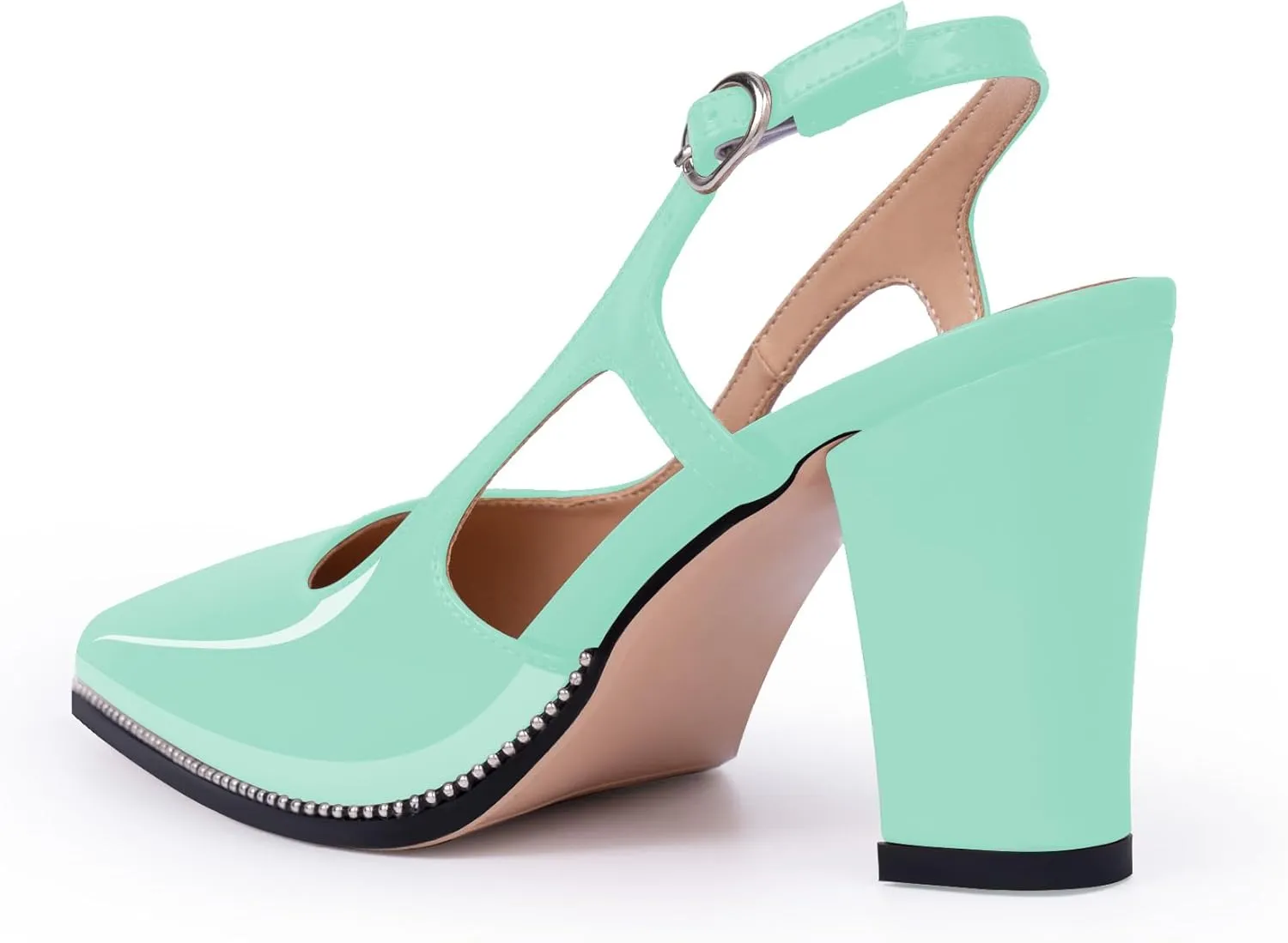 Women's Pointed Toe Block Heel Slingback Pumps Beaded Patent Leather Buckle Strap Slip On Work Party Dress Shoes