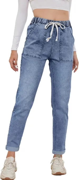 Womens Pull-on Jeans Stretch High Waisted Elastic Waist Jeans for Women Denim Joggers Pants