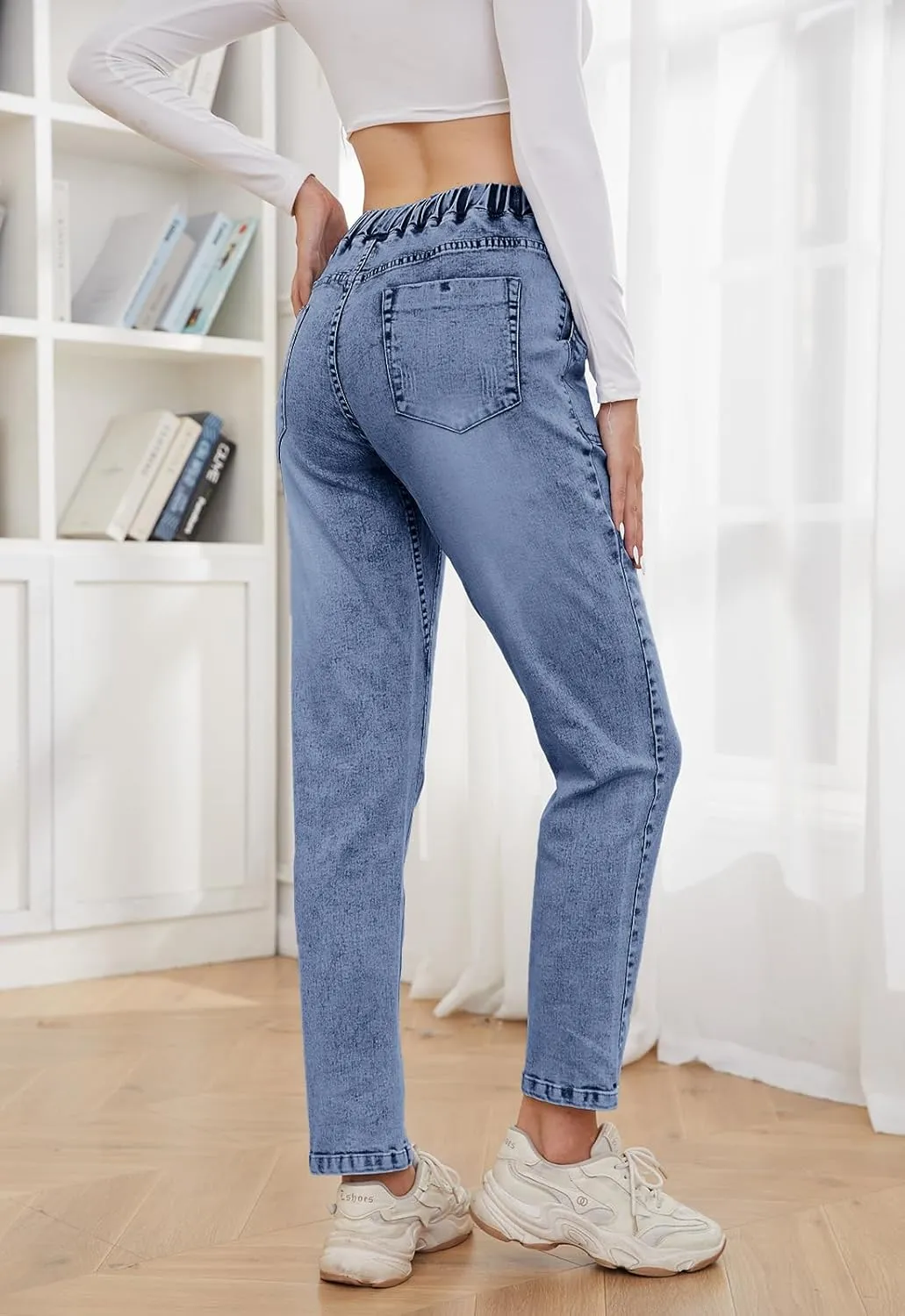 Womens Pull-on Jeans Stretch High Waisted Elastic Waist Jeans for Women Denim Joggers Pants