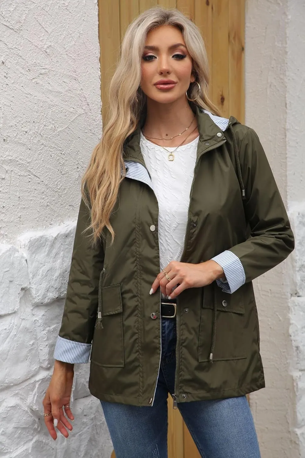 Womens Raincoat Windbreaker Waterproof Lightweight Lined Hooded Rain Jacket