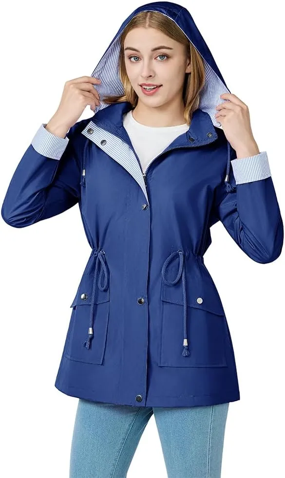 Women's raincoat windbreaker waterproof lightweight lining detachable hooded rainproof jacket