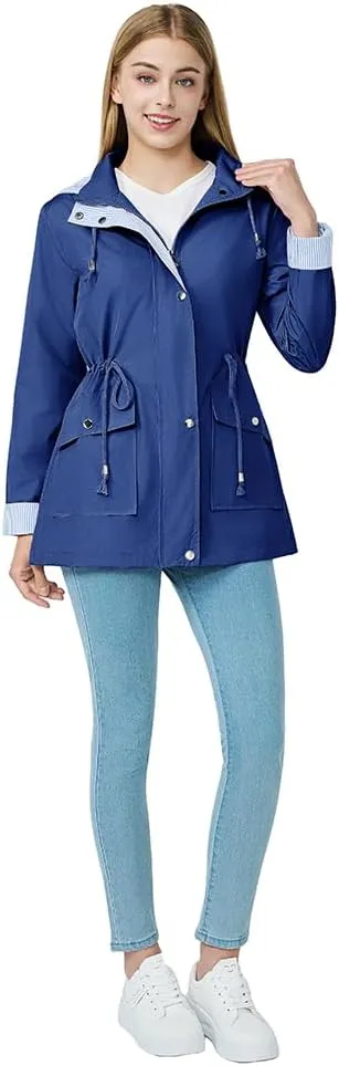 Women's raincoat windbreaker waterproof lightweight lining detachable hooded rainproof jacket