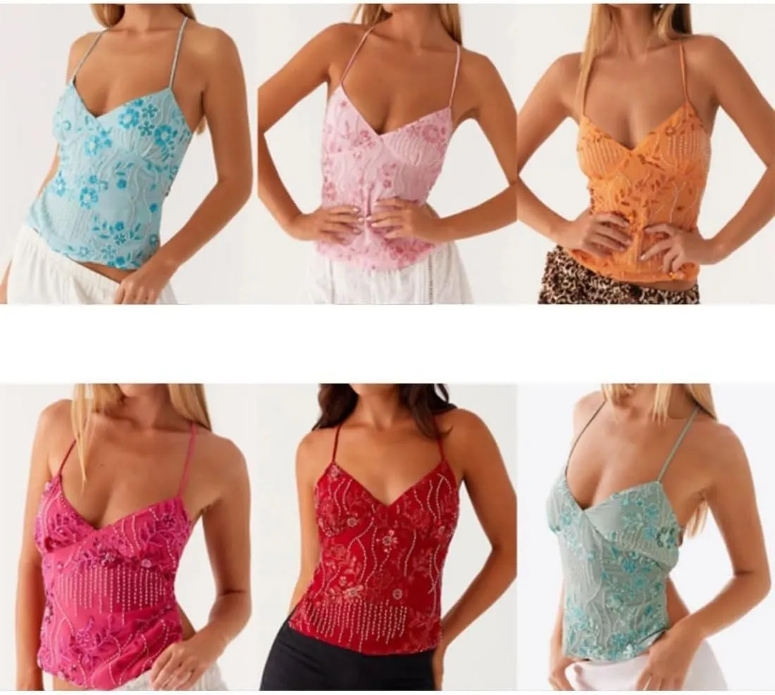 Womens Sequin Beaded Halter Top, Women Y2k Sequin Cami Top, Sexy V Neck Open Back Criss Cross Straps Tank, Crop Tank Women