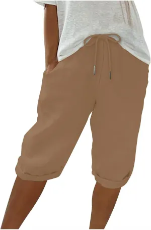 Womens Shorts 2025 Summer Linen Wide Leg Pants Drawstring High Waist Bermuda Pants with Pockets Casual Beach Shorts