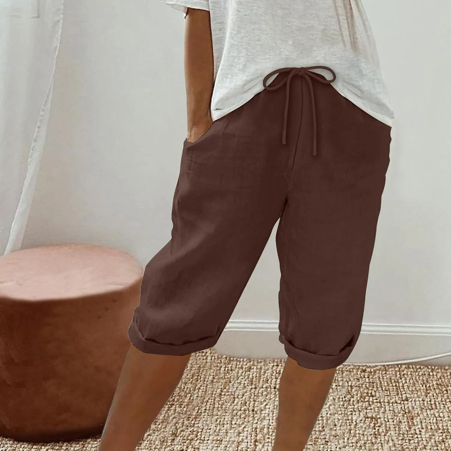 Womens Shorts 2025 Summer Linen Wide Leg Pants Drawstring High Waist Bermuda Pants with Pockets Casual Beach Shorts