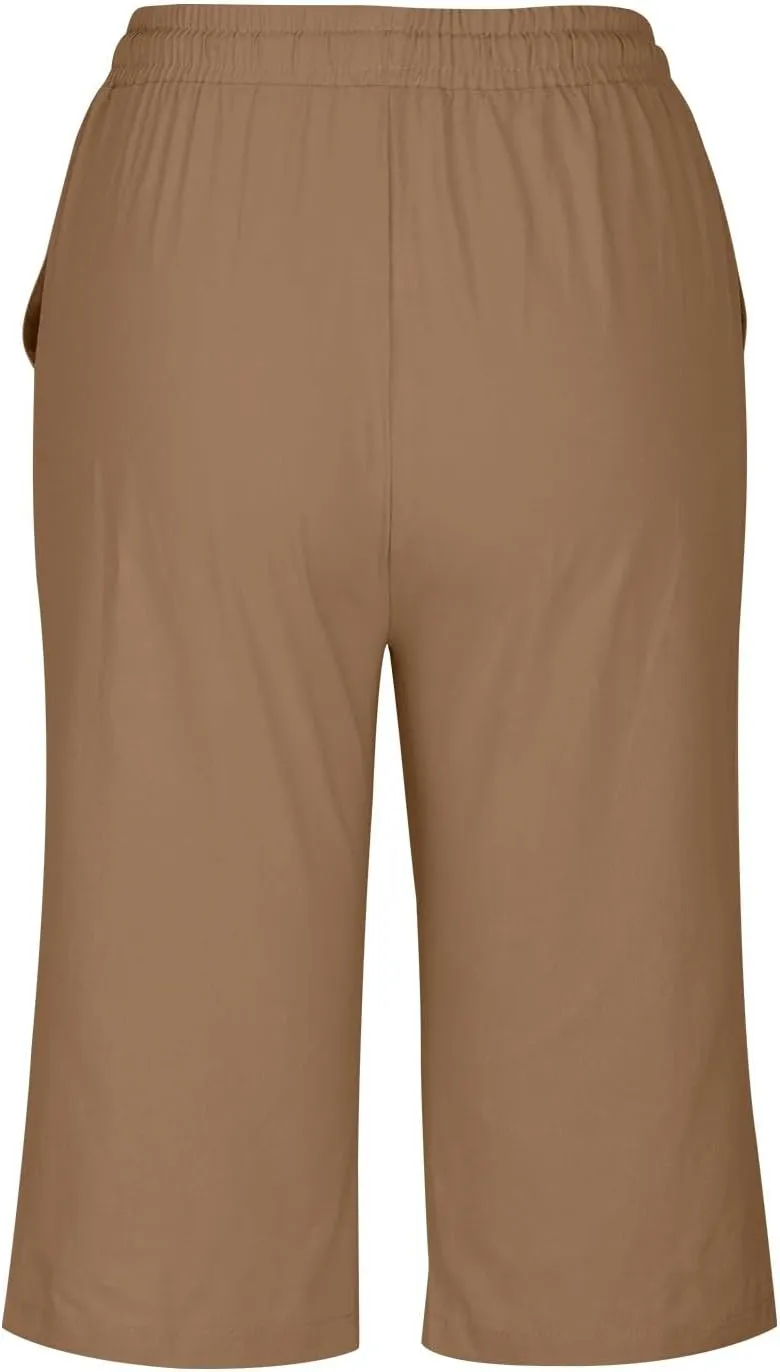 Womens Shorts 2025 Summer Linen Wide Leg Pants Drawstring High Waist Bermuda Pants with Pockets Casual Beach Shorts