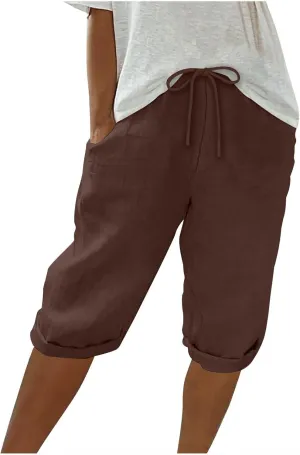 Womens Shorts 2025 Summer Linen Wide Leg Pants Drawstring High Waist Bermuda Pants with Pockets Casual Beach Shorts
