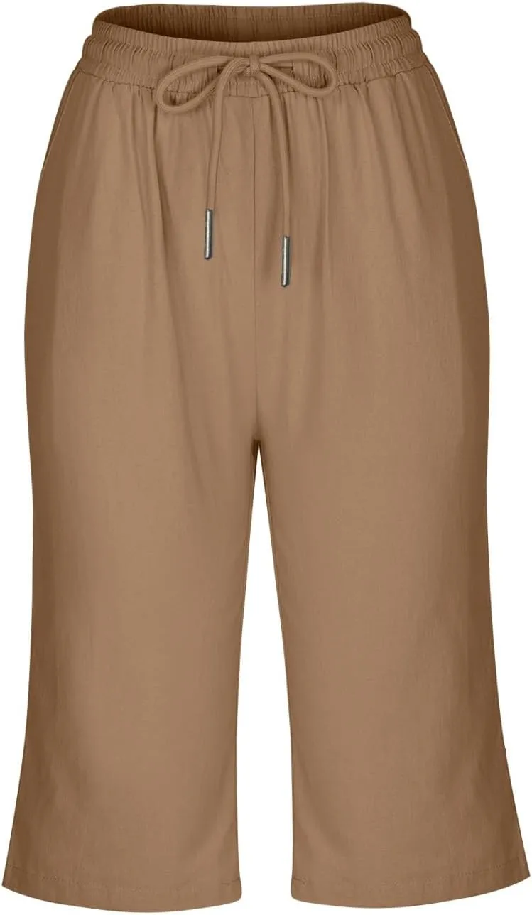 Womens Shorts 2025 Summer Linen Wide Leg Pants Drawstring High Waist Bermuda Pants with Pockets Casual Beach Shorts