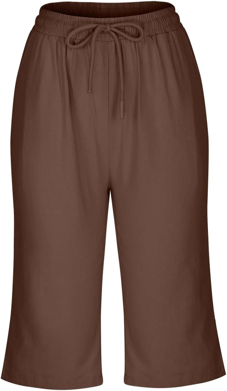 Womens Shorts 2025 Summer Linen Wide Leg Pants Drawstring High Waist Bermuda Pants with Pockets Casual Beach Shorts