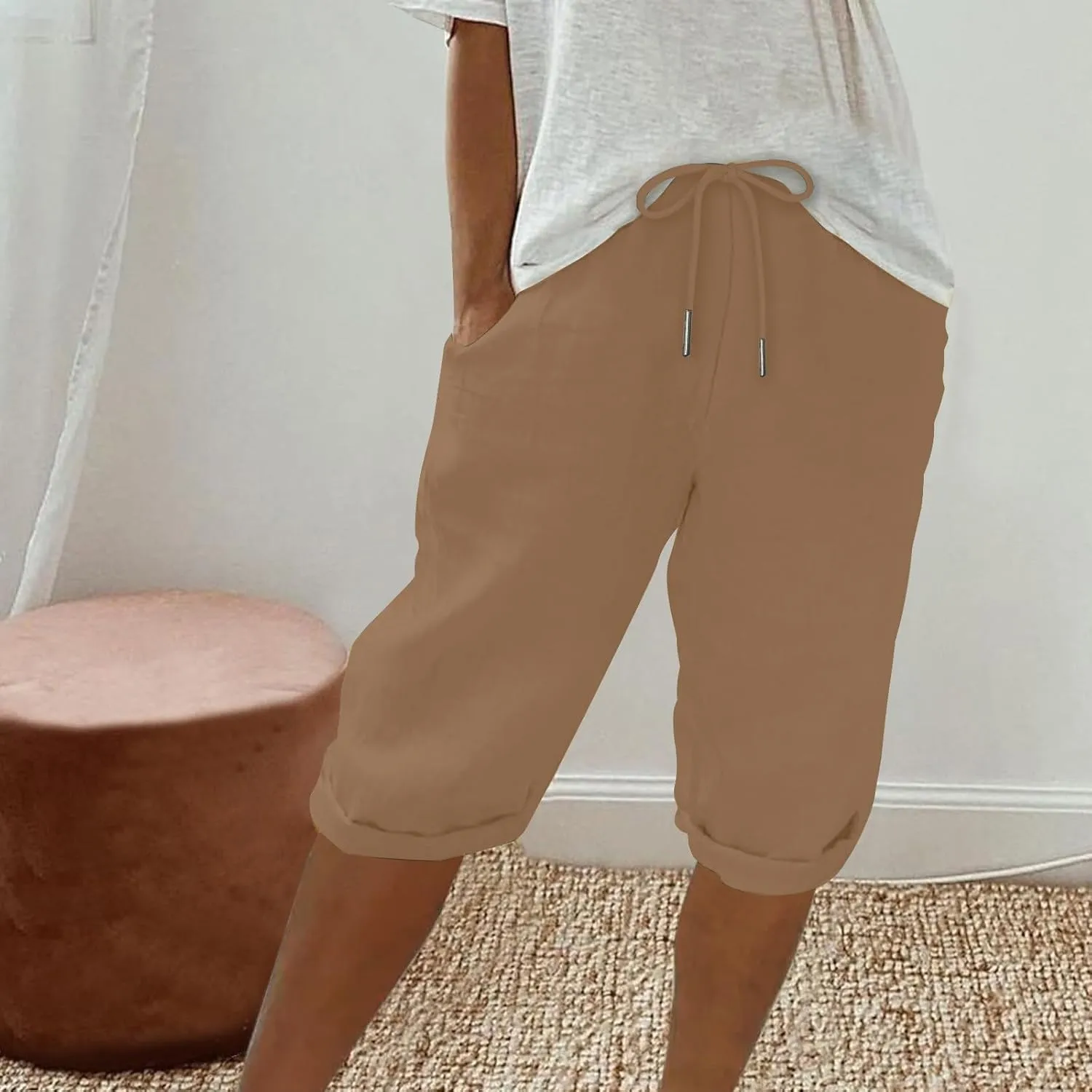 Womens Shorts 2025 Summer Linen Wide Leg Pants Drawstring High Waist Bermuda Pants with Pockets Casual Beach Shorts