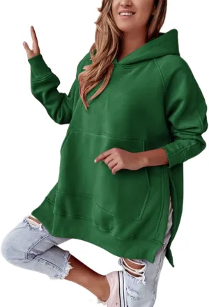 Womens Side Split Oversized Hoodies Sweatshirt Casual Solid Loose Fit Raglan Sleeve Pullover Tops with Kangroo Pocket