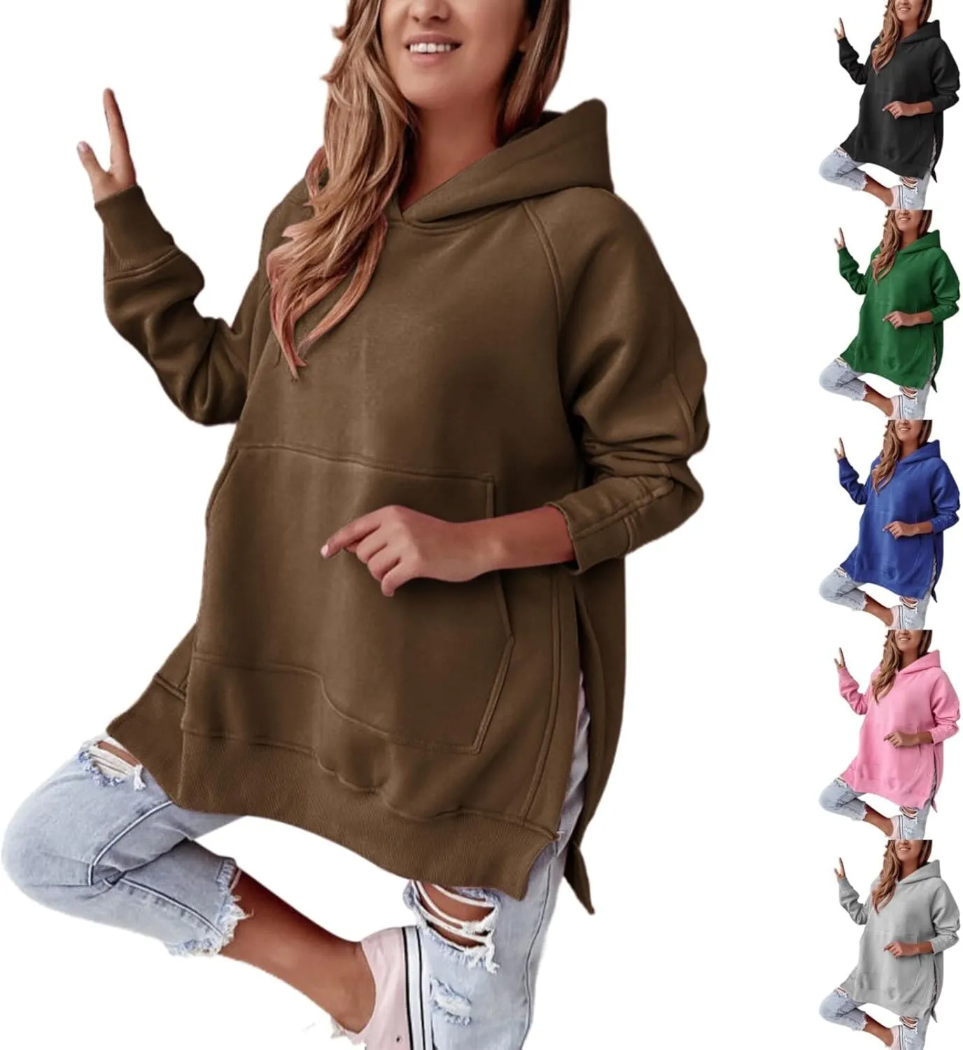 Womens Side Split Oversized Hoodies Sweatshirt Casual Solid Loose Fit Raglan Sleeve Pullover Tops with Kangroo Pocket