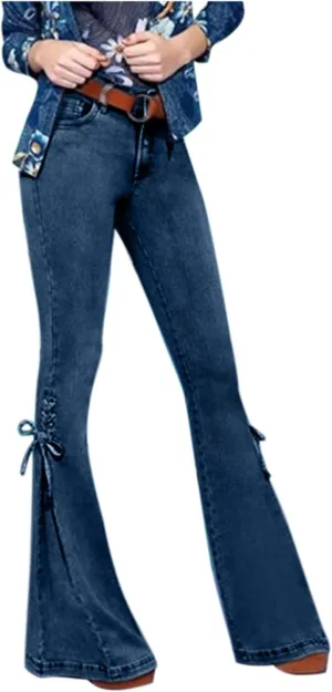 Womens Stretchy Denim Pants Curvy Slim Fit Butt Lifting Denim Skinny Jeans Flare Denim Pants Trouser Leg Tie Up