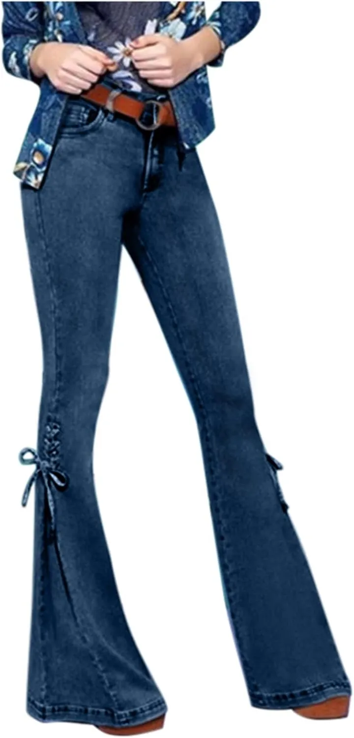 Womens Stretchy Denim Pants Curvy Slim Fit Butt Lifting Denim Skinny Jeans Flare Denim Pants Trouser Leg Tie Up