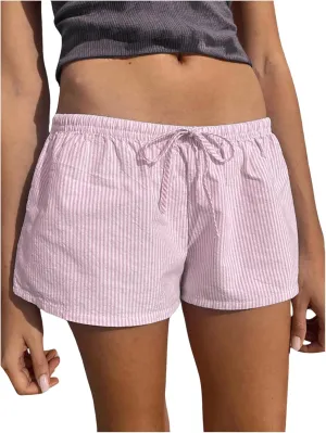 Women's Striped Print Drawstring Elastic Waist Shorts Casual Wide Leg Low Rise Summer Boxer Shorts
