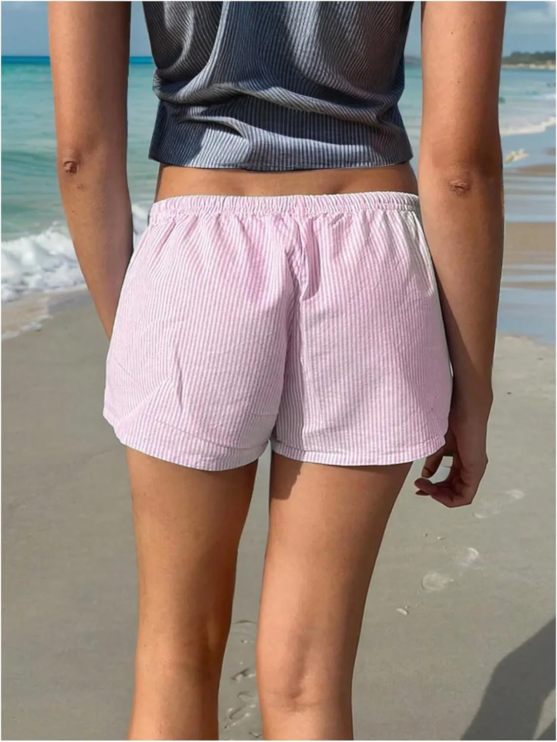Women's Striped Print Drawstring Elastic Waist Shorts Casual Wide Leg Low Rise Summer Boxer Shorts