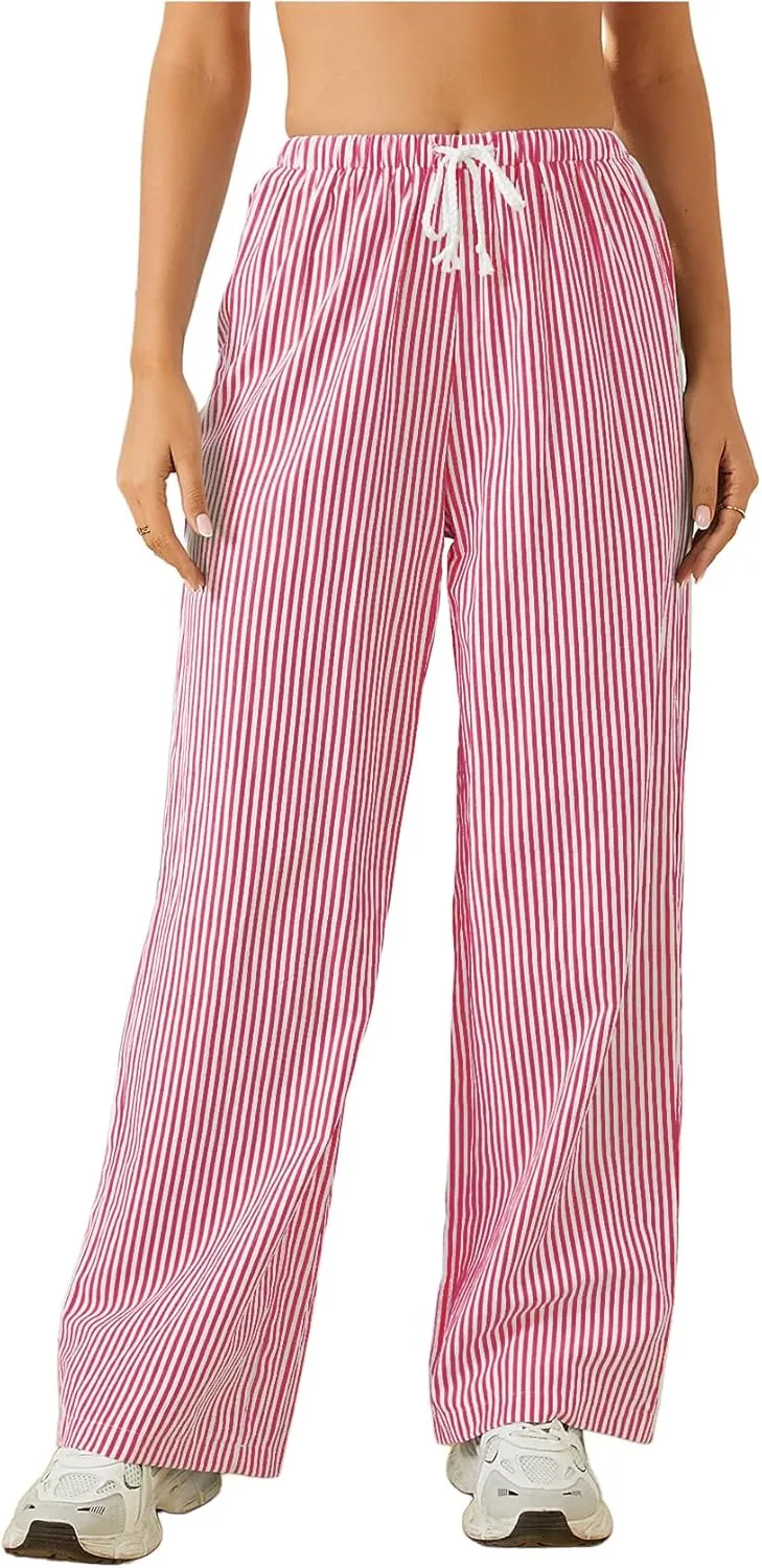 Women's Striped Print Straight Wide Leg Linen Pants Drawstring Waist Slant Pockets Pants Casual Long Pants