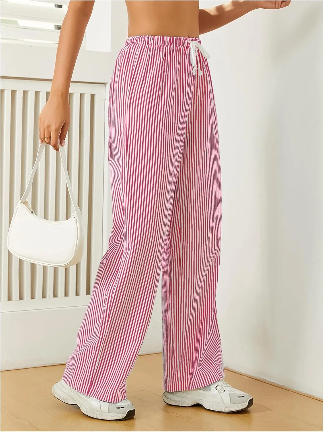 Women's Striped Print Straight Wide Leg Linen Pants Drawstring Waist Slant Pockets Pants Casual Long Pants