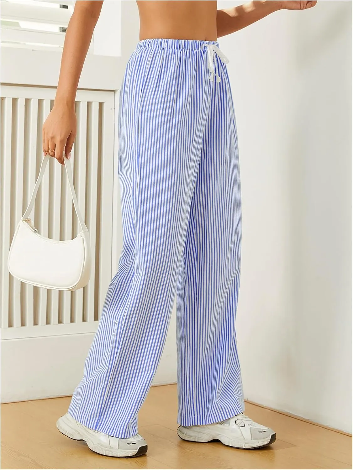 Women's Striped Print Straight Wide Leg Linen Pants Drawstring Waist Slant Pockets Pants Casual Long Pants