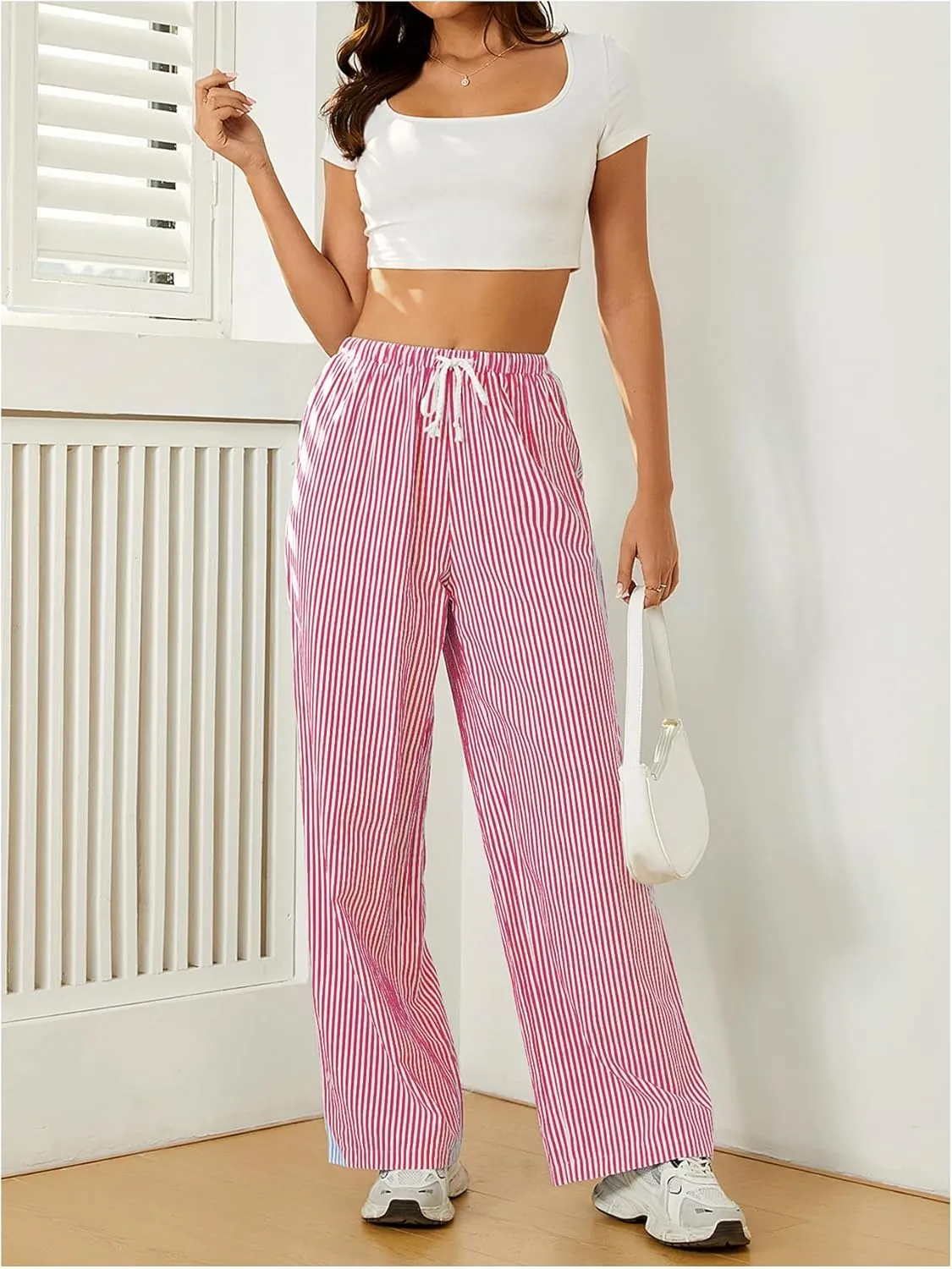 Women's Striped Print Straight Wide Leg Linen Pants Drawstring Waist Slant Pockets Pants Casual Long Pants
