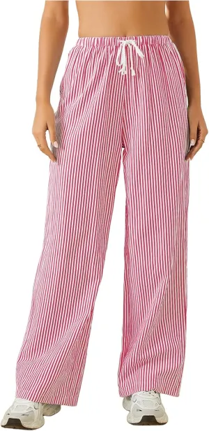 Women's Striped Print Straight Wide Leg Linen Pants Drawstring Waist Slant Pockets Pants Casual Long Pants