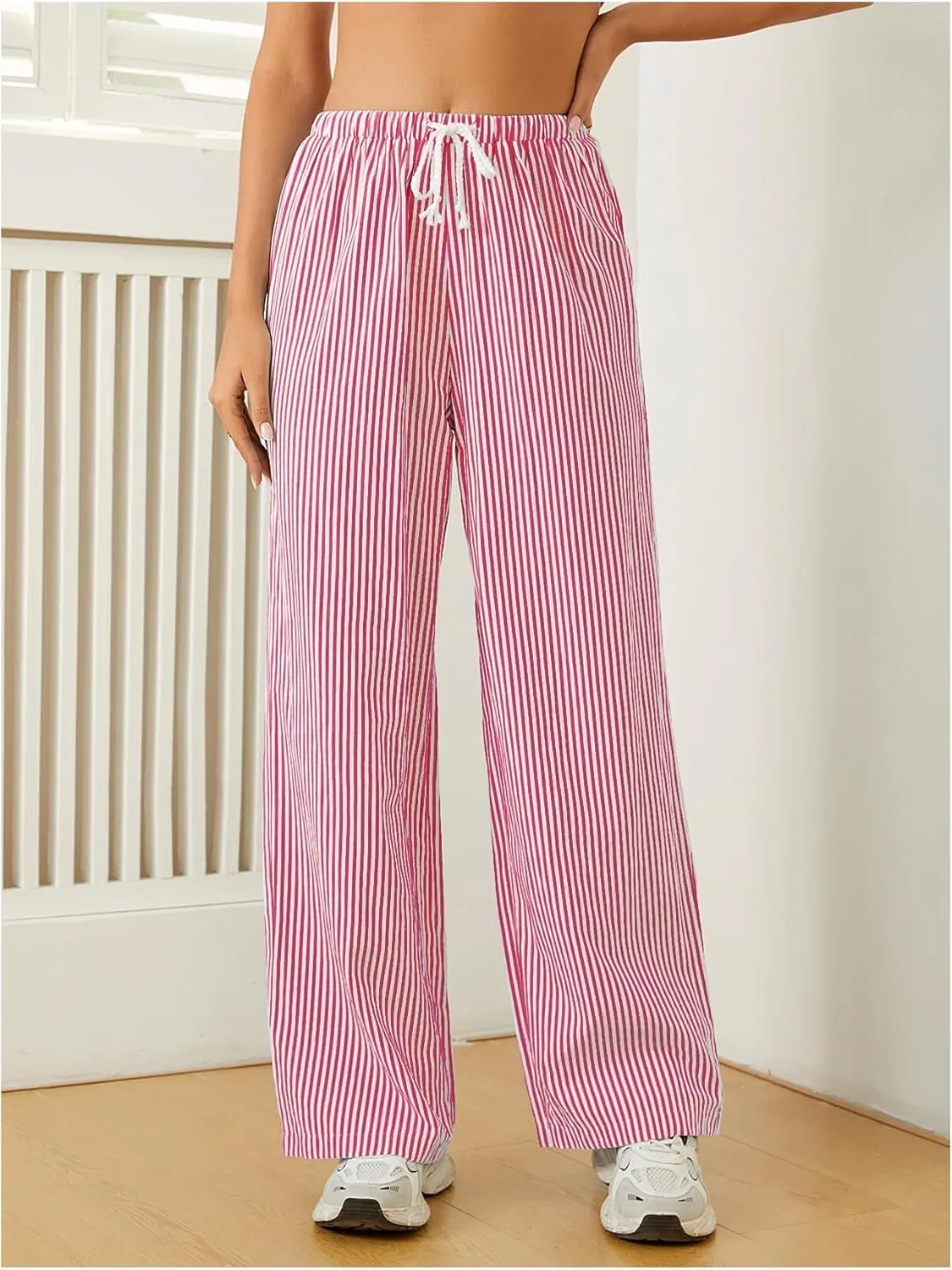Women's Striped Print Straight Wide Leg Linen Pants Drawstring Waist Slant Pockets Pants Casual Long Pants