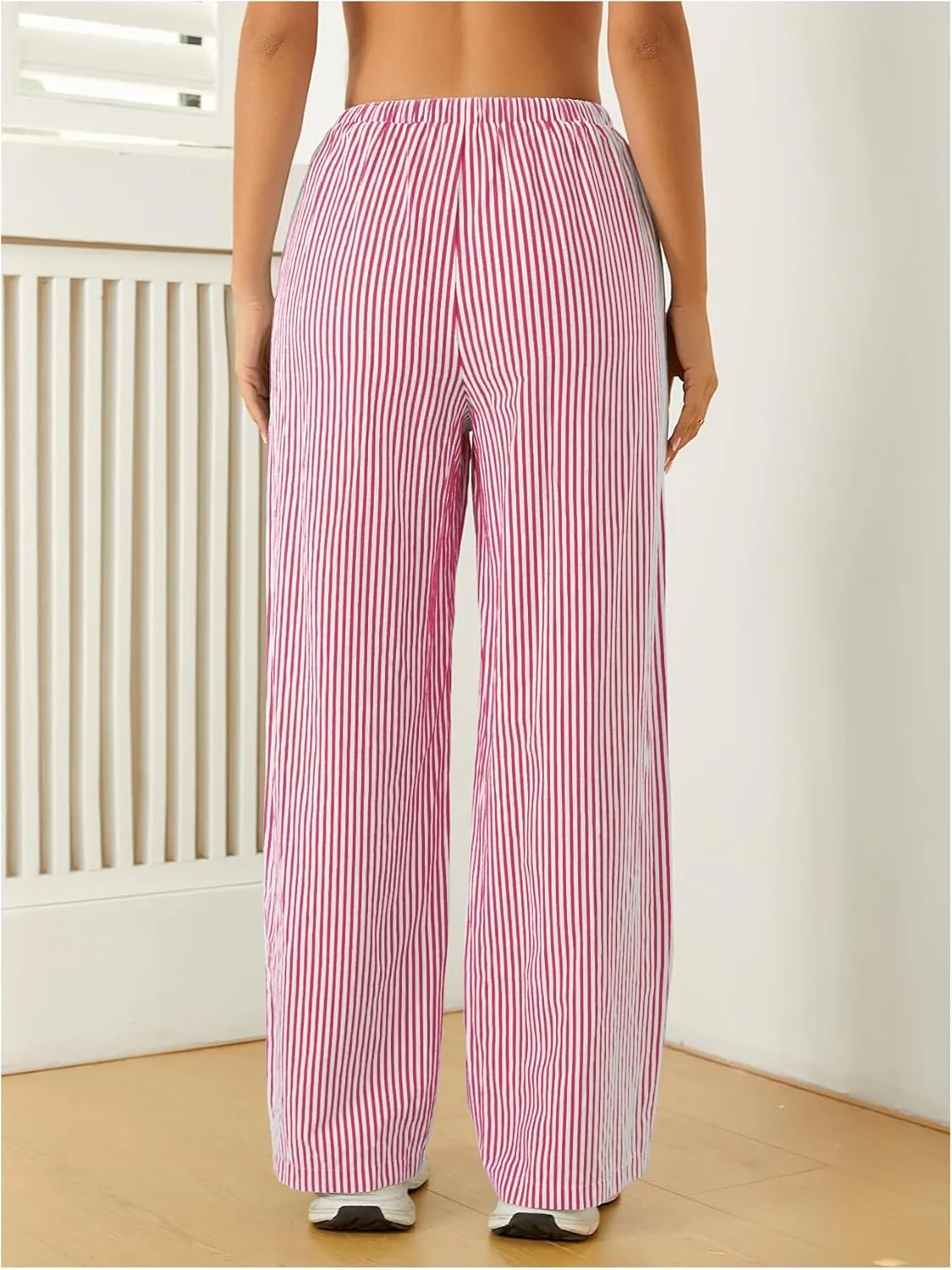 Women's Striped Print Straight Wide Leg Linen Pants Drawstring Waist Slant Pockets Pants Casual Long Pants