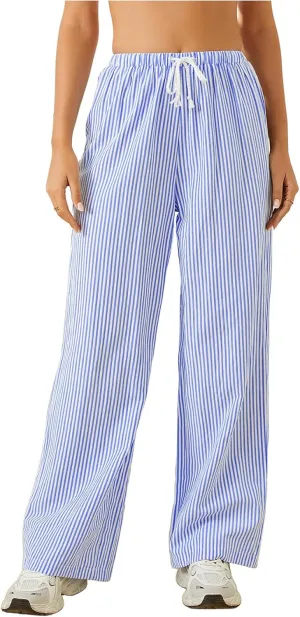 Women's Striped Print Straight Wide Leg Linen Pants Drawstring Waist Slant Pockets Pants Casual Long Pants